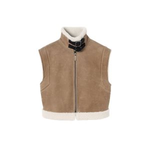 Cappotti Longchamp Corta Senza Maniche Vest Pelle Beige | 75029-VRJY